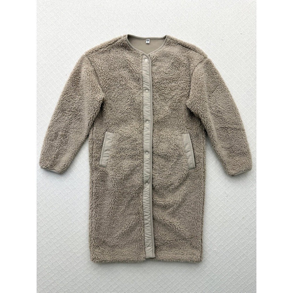 Uniqlo Fleece Collarless Coat Beige Taupe Longline Teddy Jacket Womens XS